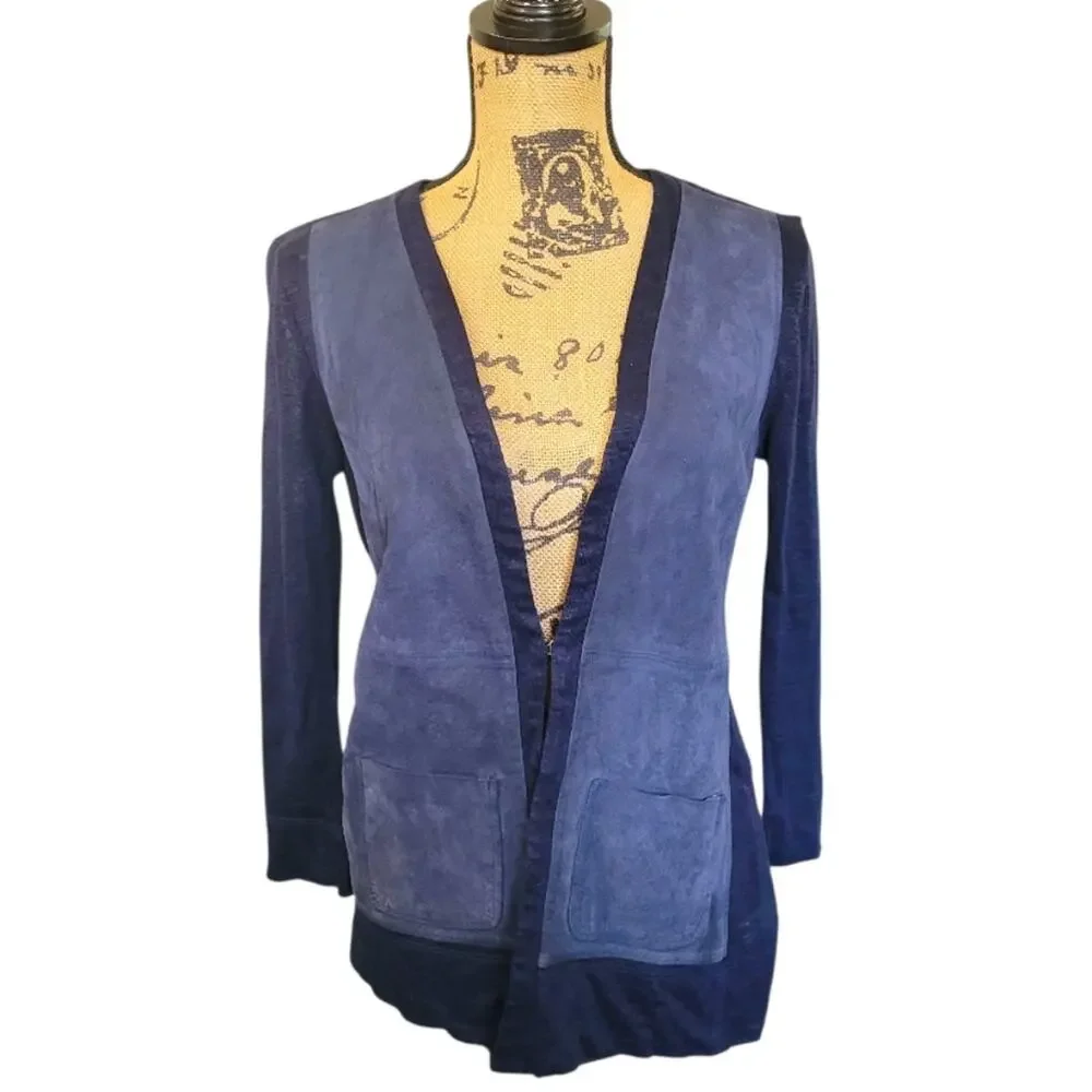 XS Ecru Genuine Suede Leather & Linen Navy Blue V-neck Cardigan Sweater